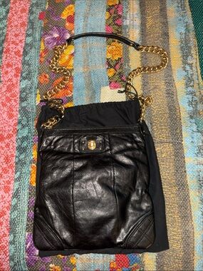 Marc Jacobs Black Leather Shoulder Bag with Gold Chain Strap